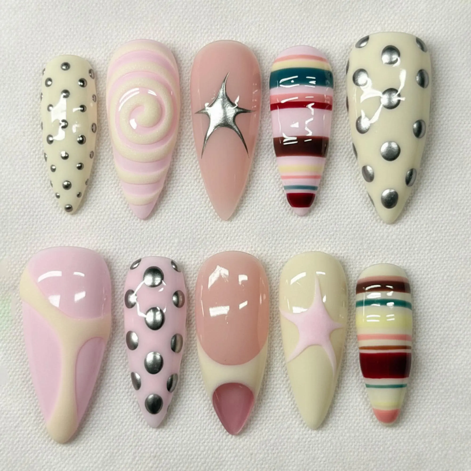 S68 Retro Chrome Press-On Nails, Pink Swirl & Colorful Stripe Design with Silver Star Accents, Y2K Polka Dot Aesthetic, Cute Trendy Handmade Nail Set, Daily Glam Vibes, Solana Nails Town