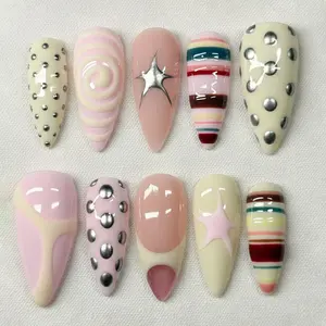 S68 Retro Chrome Press-On Nails, Pink Swirl & Colorful Stripe Design with Silver Star Accents, Y2K Polka Dot Aesthetic, Cute Trendy Handmade Nail Set, Daily Glam Vibes, Solana Nails Town