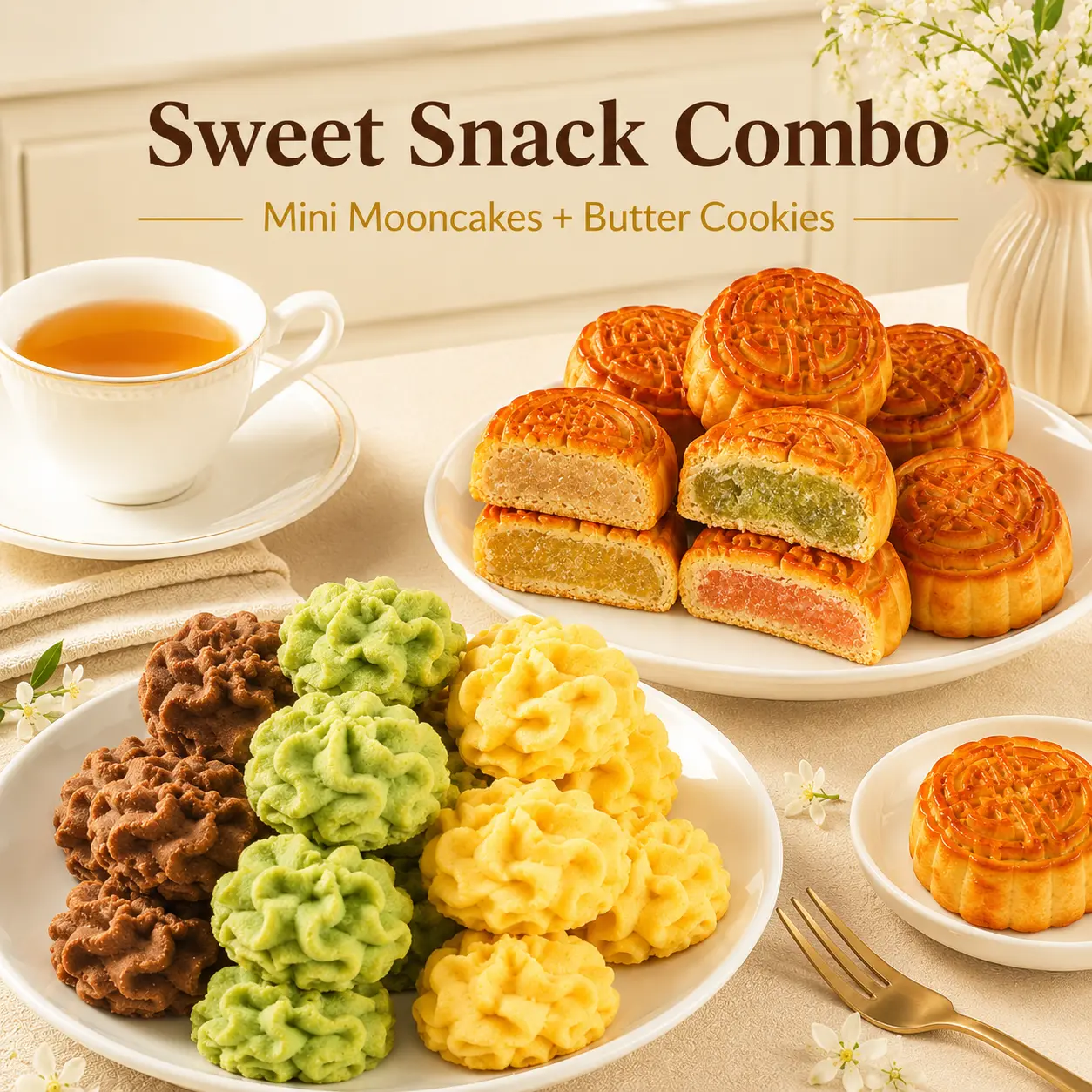 Mixed Fruit Mini Mooncakes & Flower-Shaped Butter Cookies Gift Set - Individual Wrap Real Fruits Flavor Variety Snack Cakes & Pastries, Soft Pastries, Rich Crumbly Petit Sablé Biscuits, Room Temp Treats for Dessert Lovers, Mid-Autumn Festival, Lunch Box,