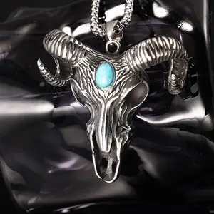 Men's Vintage Gothic Stainless Steel Satan Worship Baphomet Ram Aries Zodiac Sheep Goat Head Horn Biker Pendant Necklaces