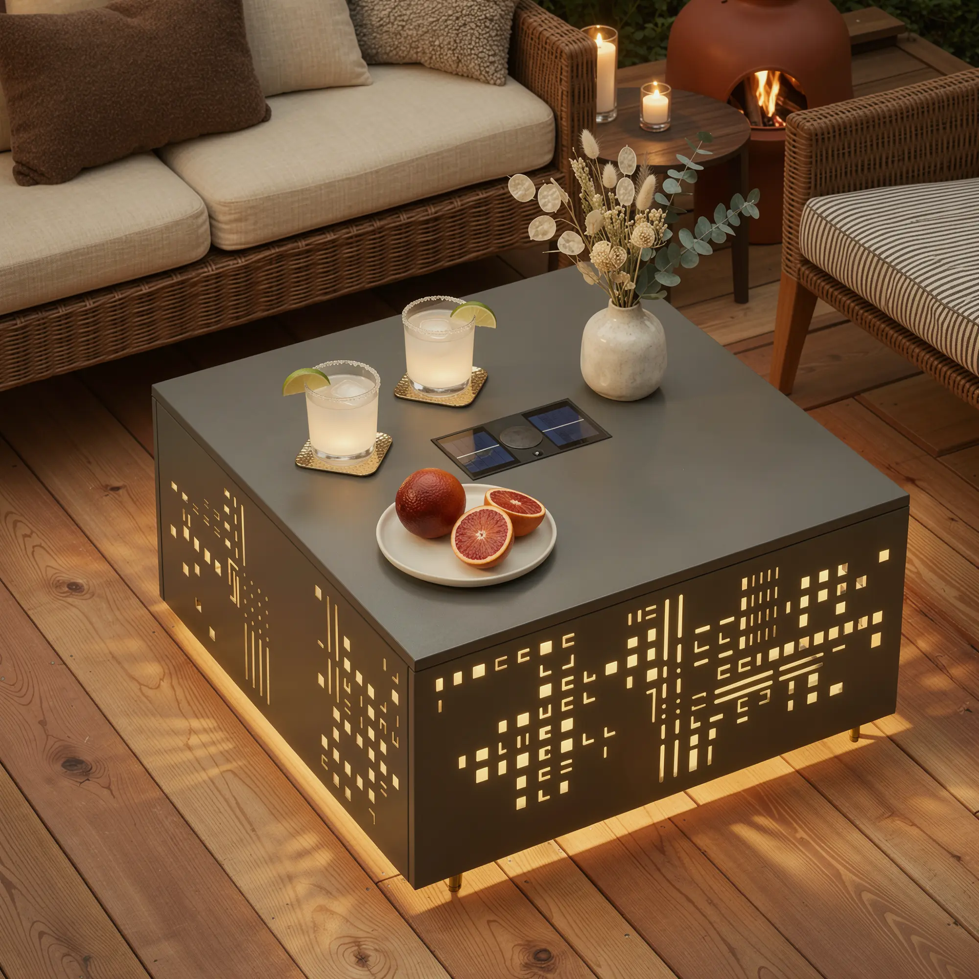 ALTRIGUS Umbrella Side Table With Solar Light,Outdoor Patio Table with Umbrella Hole for Porch/Patio, Durable Iron Material & Easy Assembly,Modern Coffee, Picnic or Poolside Table