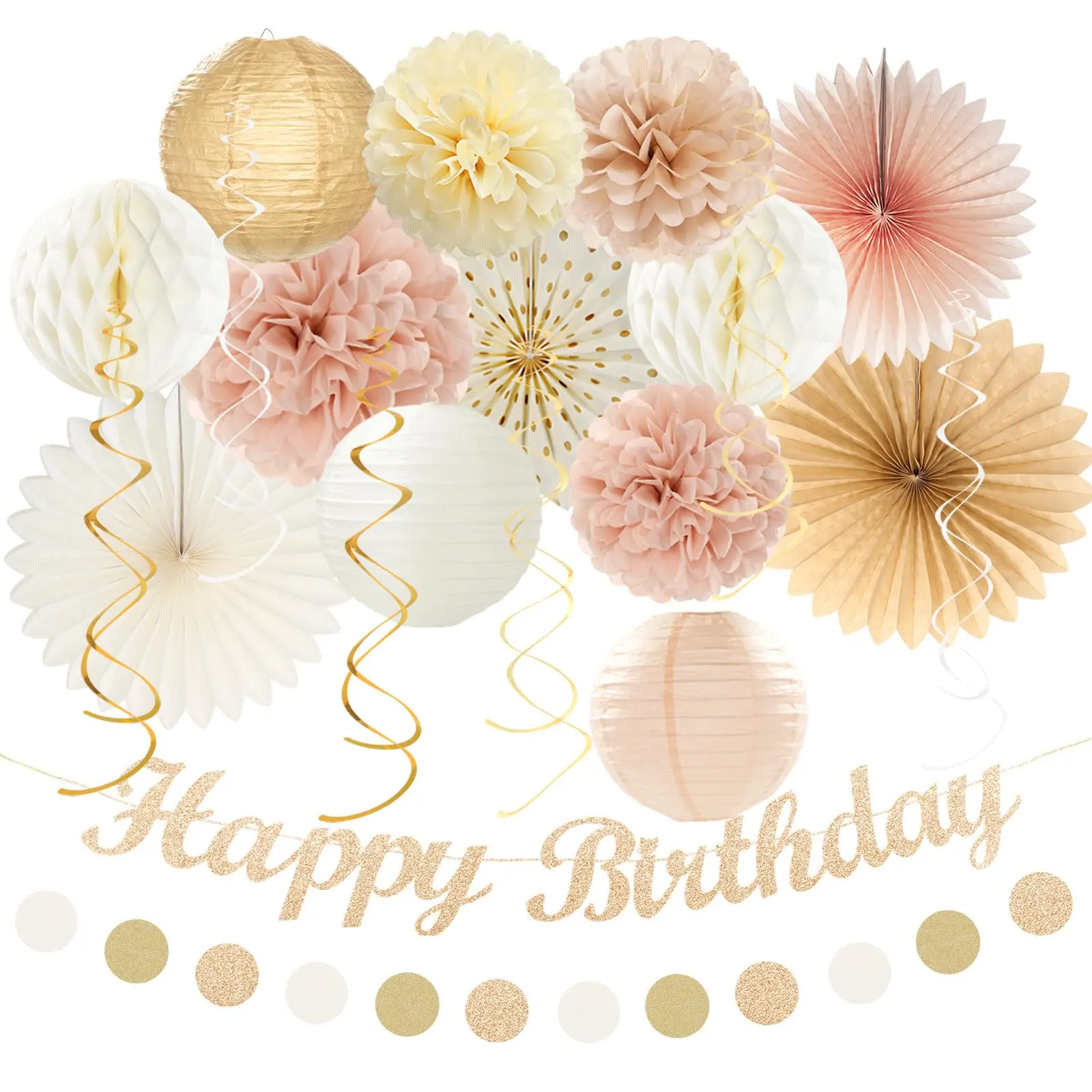 21 Pcs Champagne-Gold Beige Fall Boho Party Decor, Banner, Streamers, Pom Poms & Backdrop