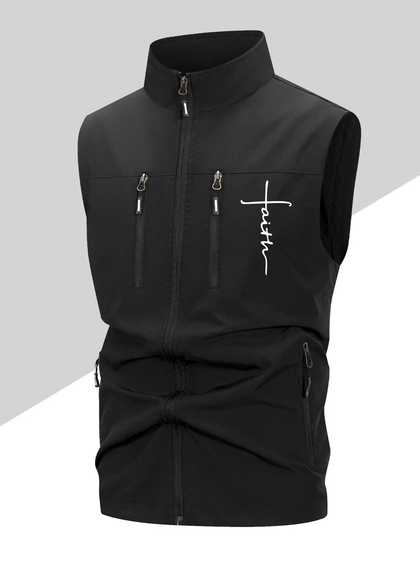 Men's Signature Print Multi-Pocket Sleeveless Vest, Waistcoat Vest, Casual Outdoor Multifunctional Vest, Non-Stretch Fabric, Spring & Fall Jacket, Gilet
