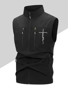 Men's Signature Print Multi-Pocket Sleeveless Vest, Waistcoat Vest, Casual Outdoor Multifunctional Vest, Non-Stretch Fabric, Spring & Fall Jacket, Gilet
