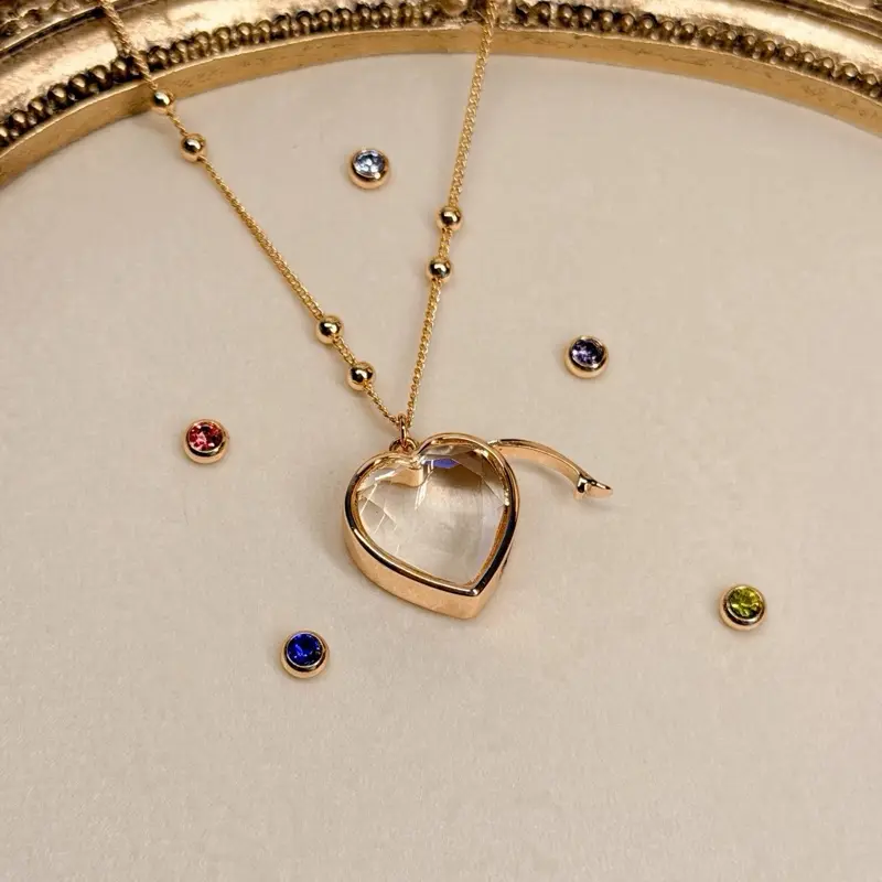 14k Birthstone Glass Box Necklace Pendant with Heart-Shaped Design