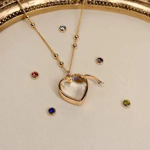 14k Birthstone Glass Box Necklace Pendant with Heart-Shaped Design