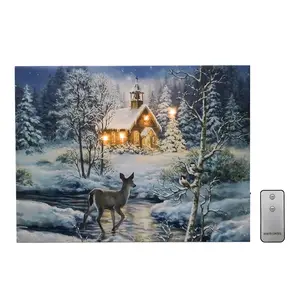 LumaBase Battery Operated Lighted Wall Art Winter Woods Full Color Printed Canvas with Amber LED Lights & Remote Control for Modern Home Decor