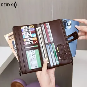 RFID Blocking Retro Large Capacity Long Wallet PU Leather Solid Color Women's Purse Multi-Functional Zipper Wallet Passport Ticket Credit Card Holder Can Accommodate Large Screen Phone