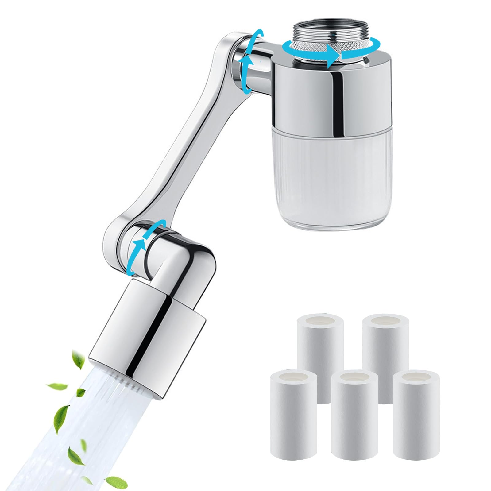 1080° Swivel Kitchen Faucet Extender with 6 Filters, 2 Spray Modes, Anti-Splash Design. 360° Rotatable Faucet Aerator for Sink, Easy Install for Bathroom & Kitchen, Gentle Water Flow for Hand & Face Washing, Kid-Friendly