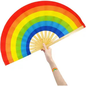 Large Folding Hand Rave Fan Popping Fans Clap Fans for Line Dancing, Big Clacking Fan for Dance,Party,Decoration,Festival (Rainbow)