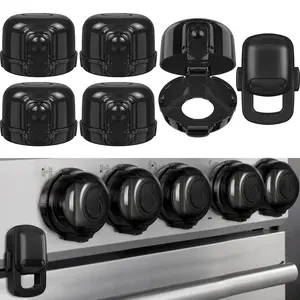 Stove Knob Safety Covers for Child (5 + 1 Pack), Upgraded Universal Size Press Gas Stove Knob Covers with Adhesive, Heat-Resistant Childproof Oven Locks for Kids and Pets (Black)