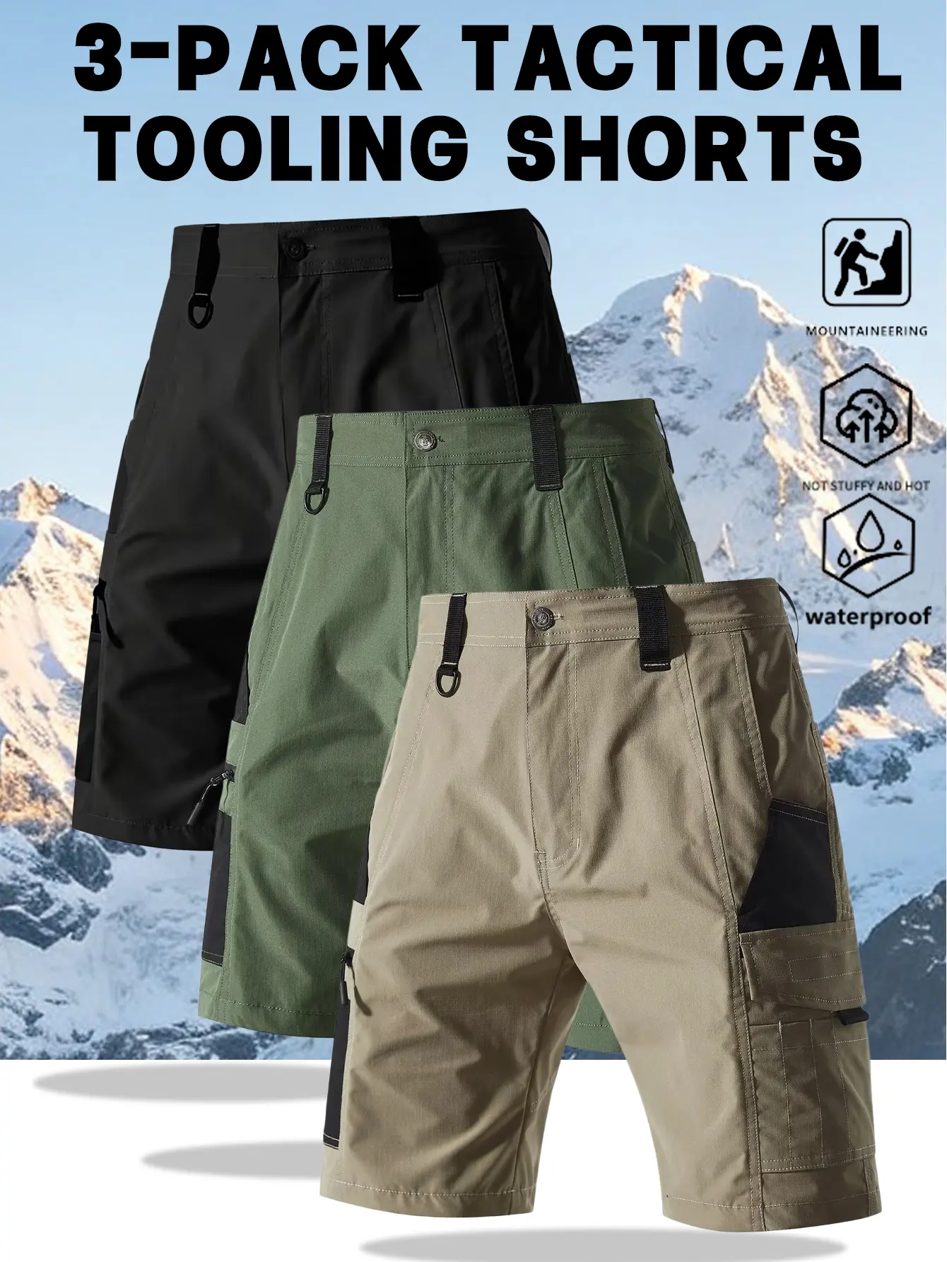 Men’s 3-Pack Multifunctional Tactical Cargo Shorts, Knee-Length, Waterproof, Breathable, Durable for Hiking/Outdoor Use, Multi-Pocket Functional Shorts