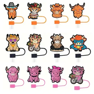 12-Pack Highland Cow Silicone Straw Toppers - Reusable Lid Covers for Tumblers, Drinkware Accessories for Stanley Cups & Water Glasses