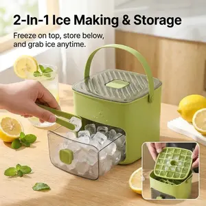 2-In-1 Large Capacity And Ice Storage Bin with Double Deck Freezer Container, Silicone Mold Scoop And Lid Suitable for Home Kitchen, Portable for Whiskey, Coffee Drinks, Plastic Tray Press Release Cube Maker