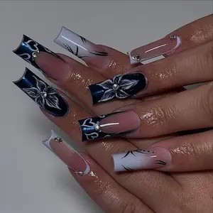 Midnight Bloom Elegance Press On Nails | 3D White Floral & Navy Blue Nail | Ombre White French Tips | Rhinestone Embellished Nails