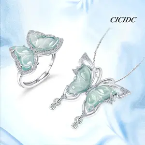 Sliver Natural Jade Earrings Necklace Ring Butterfly Pendant For Women Gifts Fashionable Women's Style