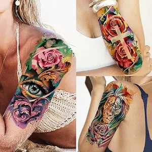 65 Sheets Watercolor Peony Rose Floral Temporary Tattoos For Women Arm Shoulder, Groovy Compass Flower Fake Tattoo Owl Blue Tribal Eye Skull Tiger, Long Lasting Tatoos Sleeve Angel Girls Adults
