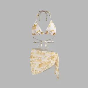 Cider [10 colors, size 2-26] Toile de Jouy Halter Bikini Set & Sarong