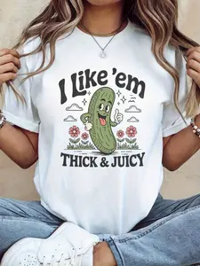 A227 Women'S Funny "I Like 'Em Thick & Juicy" Pickle Graphic T-Shirt - Humorous Cucumber Design with Laughing Cartoon Vegetable  Flowers, Casual Short Sleeve Green Top for Casual Attire, Themed Parties & Pickle Lovers