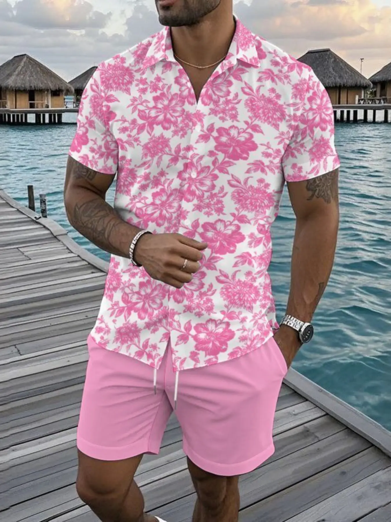 Men's tropical floral print shirt and shorts two-piece matching resort wear set, regular fit casual short sleeved collared top and shorts, beach vacation men's summer clothing