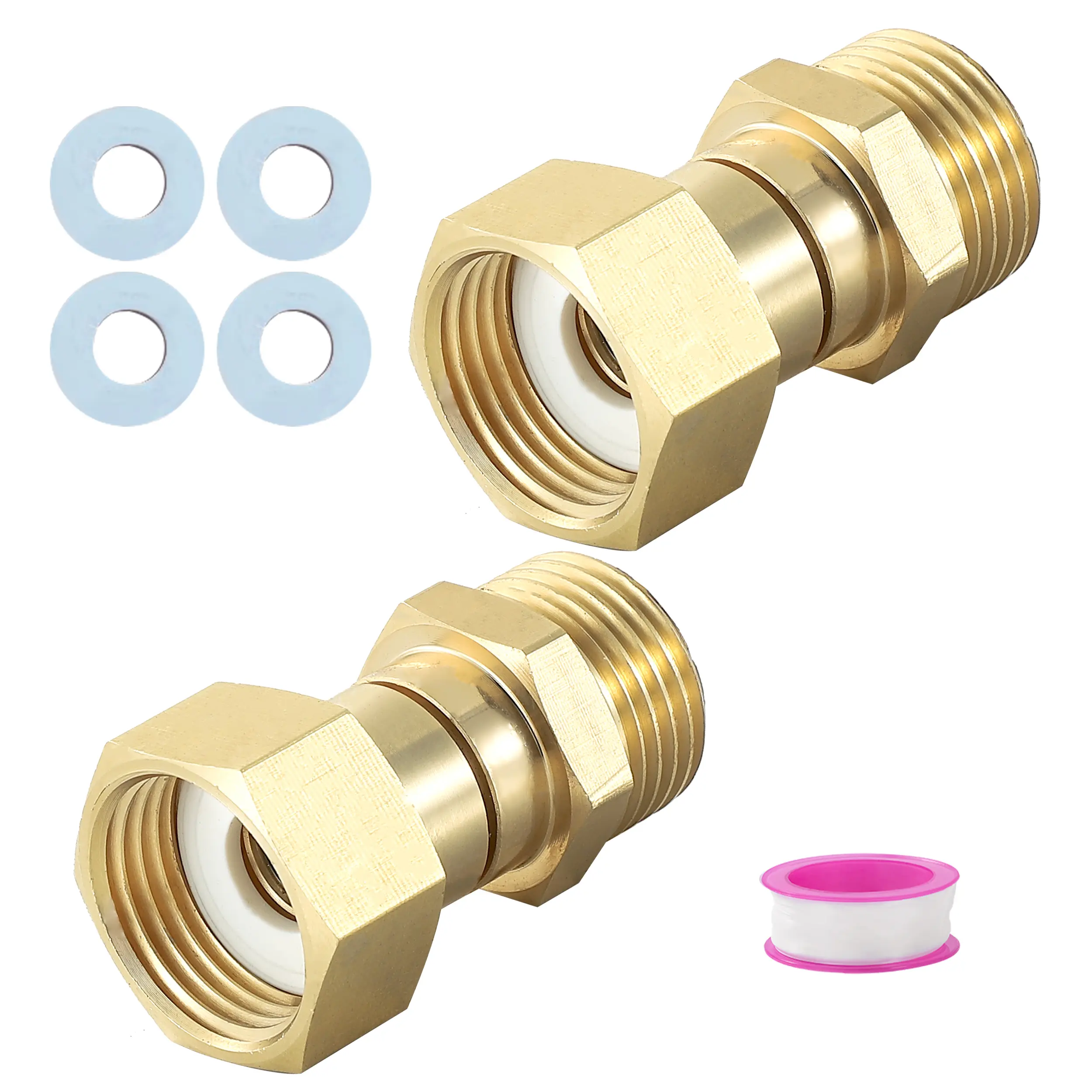M MINGLE Garden Hose Swivel Connector, 3/4" GHT Brass Hose Fittings, 360 Degree Swivel Male to Female Hose Adapter with Extra 4 Washers