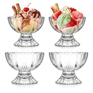 4pcs Cute Glass Dessert Bowls with Footed Base, Clear Ice Cream Sundae Cups, Vintage Style Glass Dessert Cups for Ice Cream Fruit Yogurt Parfait, Thick Glass Serving Bowls for Home Party Kitchen Use