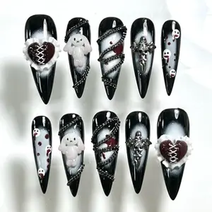 swish.nails Gothic Heart Bunny Press-On Nails, 3D Chains & Cross Charms, Black White Red Gradient with Creepy Cute Characters, Long Stiletto Dark Mood, Handmade Fantasy Nail Art, Custom Edgy Set