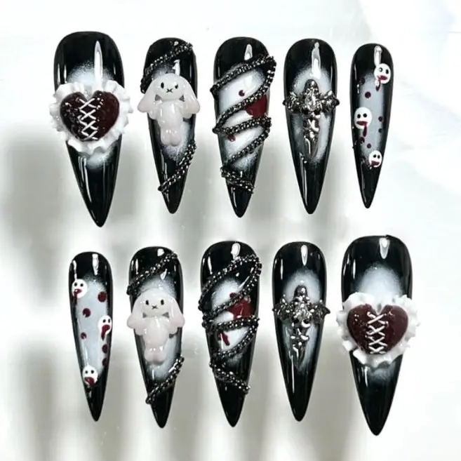 swish.nails Gothic Heart Bunny Press-On Nails, 3D Chains & Cross Charms, Black White Red Gradient with Creepy Cute Characters, Long Stiletto Dark Mood, Handmade Fantasy Nail Art, Custom Edgy Set