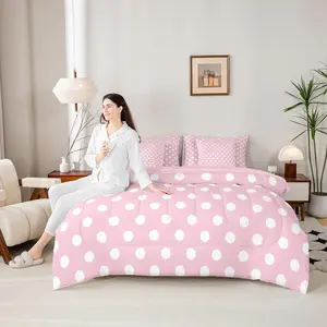 Polka Dots Bed Set,in a Bag 7 Pcs,Cartoon French Style Princess Pink White Bedding Set,Modern Geometric Circles Abstract Simple Art Comforter with Fitted,Flat Sheet,Pillowcase,Pillow Covers
