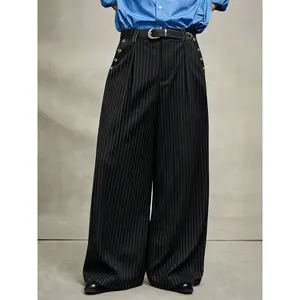 Wrinkle-resistant soft striped casual wide-leg pants, unisex loose straight-leg pants with pockets, fashionable for all seasons