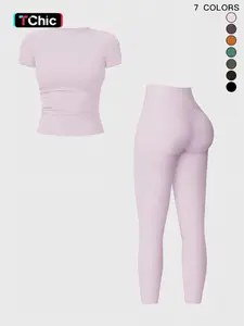 Women's Plain Round Neck Crop Tee & High Waist Leggings Tracksuit Set, Sport Breathable Quick Drving Short Sleeve T-Shirt & Tummy Control Butt-Lifting Skinny Pants Set for Yoga Gym, Ladies Sportswear for All Seasons, Workout Running Clothes