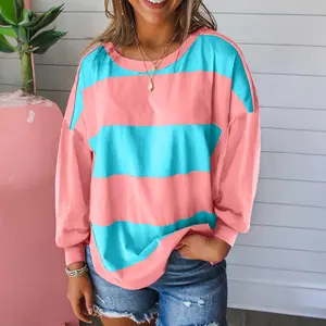 Light Blue Colorblock Striped Drop Shoulder Loose Top
