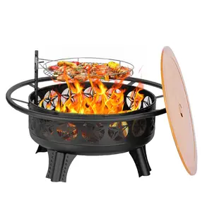 38 Inch BBQ Fire Pit with Grill, Large Outdoor Wooding Burning Fire Pit for Camping,Picnic,Bonfire,3-in-1 Round Metal Table with Lid for Backyard,Outside,Patio Circle