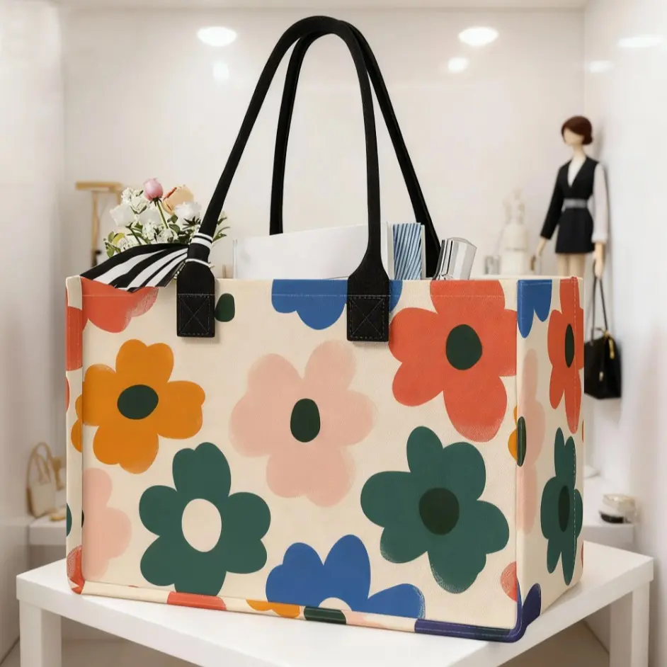 Floral Print Large-Capacity Storage Bag, Super-Size Organizer with Durable Handle, Space-Saving Multi-Purpose Tote, Casual Shopping Bag for School, Travel, Shopping and Reusable Grocery Use, Storage Totes