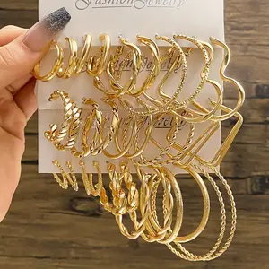 16 Pairs Set Of Hoop Earrings Alloy Jewelry Hollow Round Twisted Heart Design Vintage Punk Style For Women Daily Wear