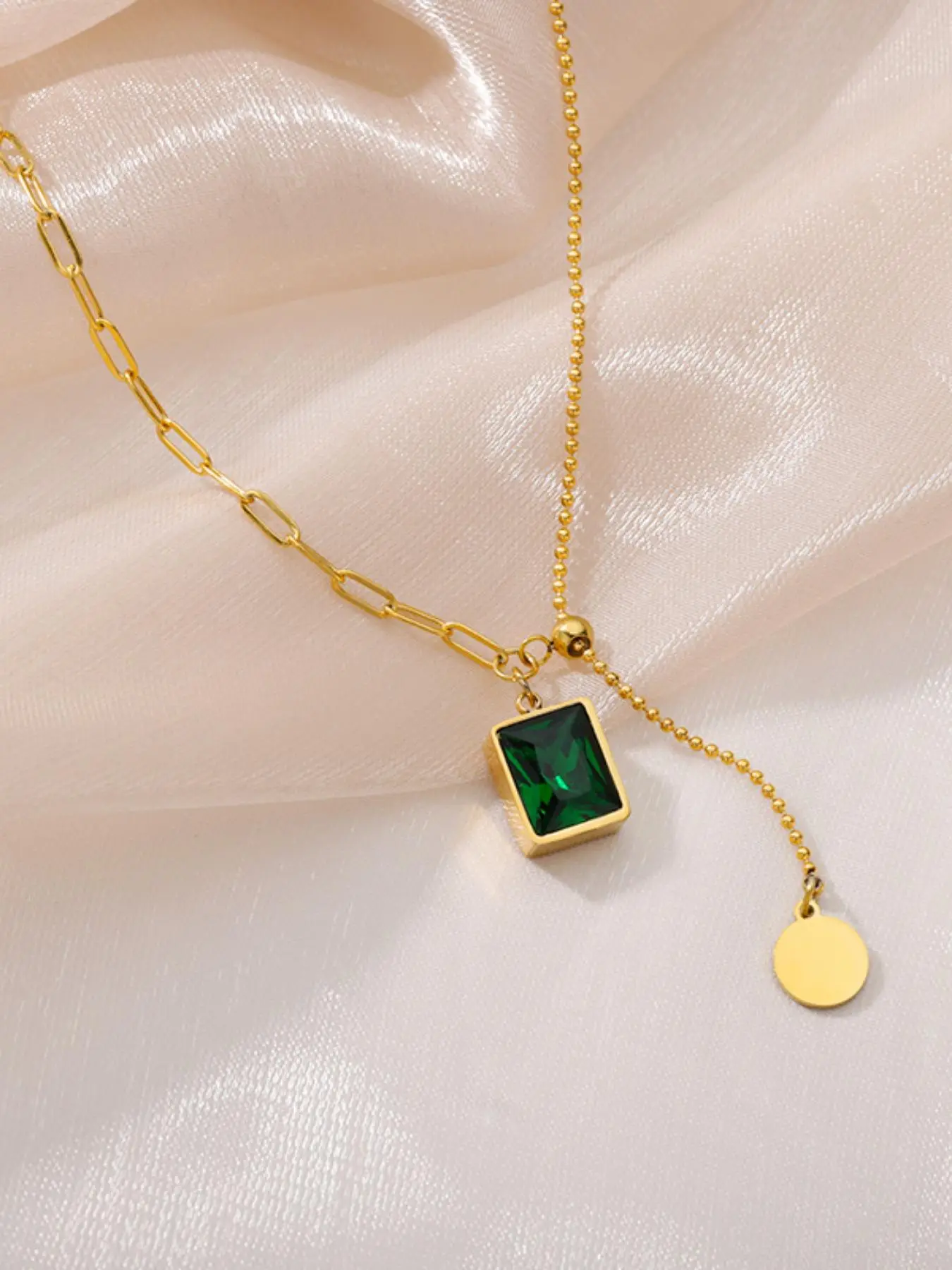 1 Piece Vintage Artificial Gemstone Detail Pendant Necklace for Women for Gift, Stainless Steel Jewelry, Retro Round Charm Tassel Asymmetrical Design