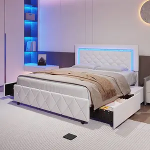 Twin/ Full/ Queen Bed Frame With Drawers, Upholstered Bed Frame With LED Lights, Modern Platform Bed Frame With Headboard And Footboard, Diamond Tufted Design, No Box Spring Needed, White/ Pink/ Black/ Purple/ Yellow (Twin Size 2 Drawers/ Other Size 4
