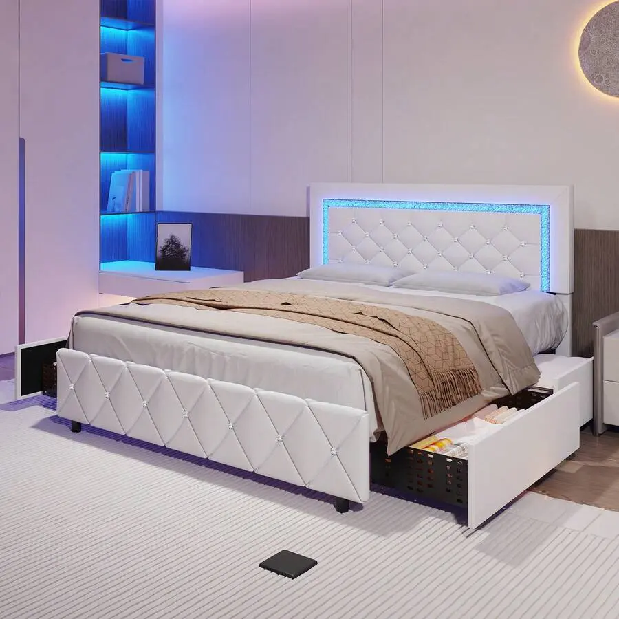 Twin/ Full/ Queen Bed Frame With Drawers, Upholstered Bed Frame With LED Lights, Modern Platform Bed Frame With Headboard And Footboard, Diamond Tufted Design, No Box Spring Needed, White/ Pink/ Black/ Purple/ Yellow (Twin Size 2 Drawers/ Other Size 4 Dra