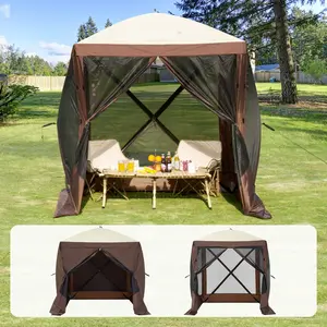 Pop Up Gazebo Tent With 4 Sided Screen Canopy Sun Shelter, 6x6ft Quick-Set Pop-Up Tent Featuring Removable Privacy Wind Cloths, Mesh Windows, Mosquito Netting, Weather-Resistant UV Guard, Easy Setup, Carry Bag, Brown