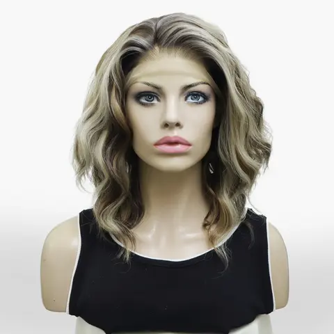 IMstyle Old money Ash Blonde Brown Highlight 13*4 Lace Front Shoulder Length Short Style Natural Wavy Curly Syntehtic Wig for Daily Wear