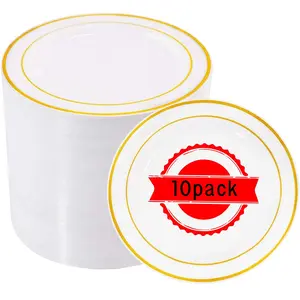 10 Gold Plastic Plate Set, 9 Inch Plastic Dinner Plate, Fancy Disposable Plate, Heavy Duty Party Plate, White with Gold Trim Plastic Plate, 10 Inch Disposable Party Plate, Elegant and Durable Dinner Plate is perfect for weddings and parties