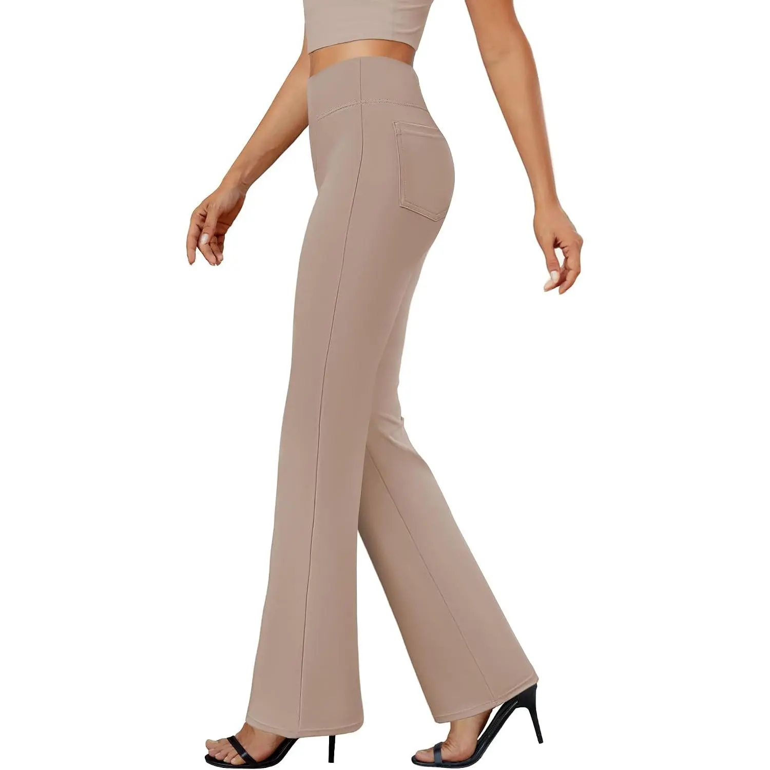 Women's High-Waist Bootcut Work Pants, Stretchy Polyester Pull-On Trousers with Pockets, Business Casual Wear Bottoms for Office, Leg, Work Pants Women, Wide Leg