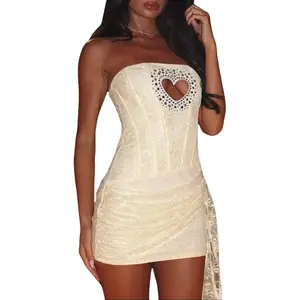 Women's Strapless Rhinestone Heart Cut Out Tube Bodycon Mini Dress with Waist Sash Tie 2025 Summer & Fall New Solid Color Slim Fit Elegant Sexy Casual Wear Evening Parties Dating Wear Ladies Dresses summerwins