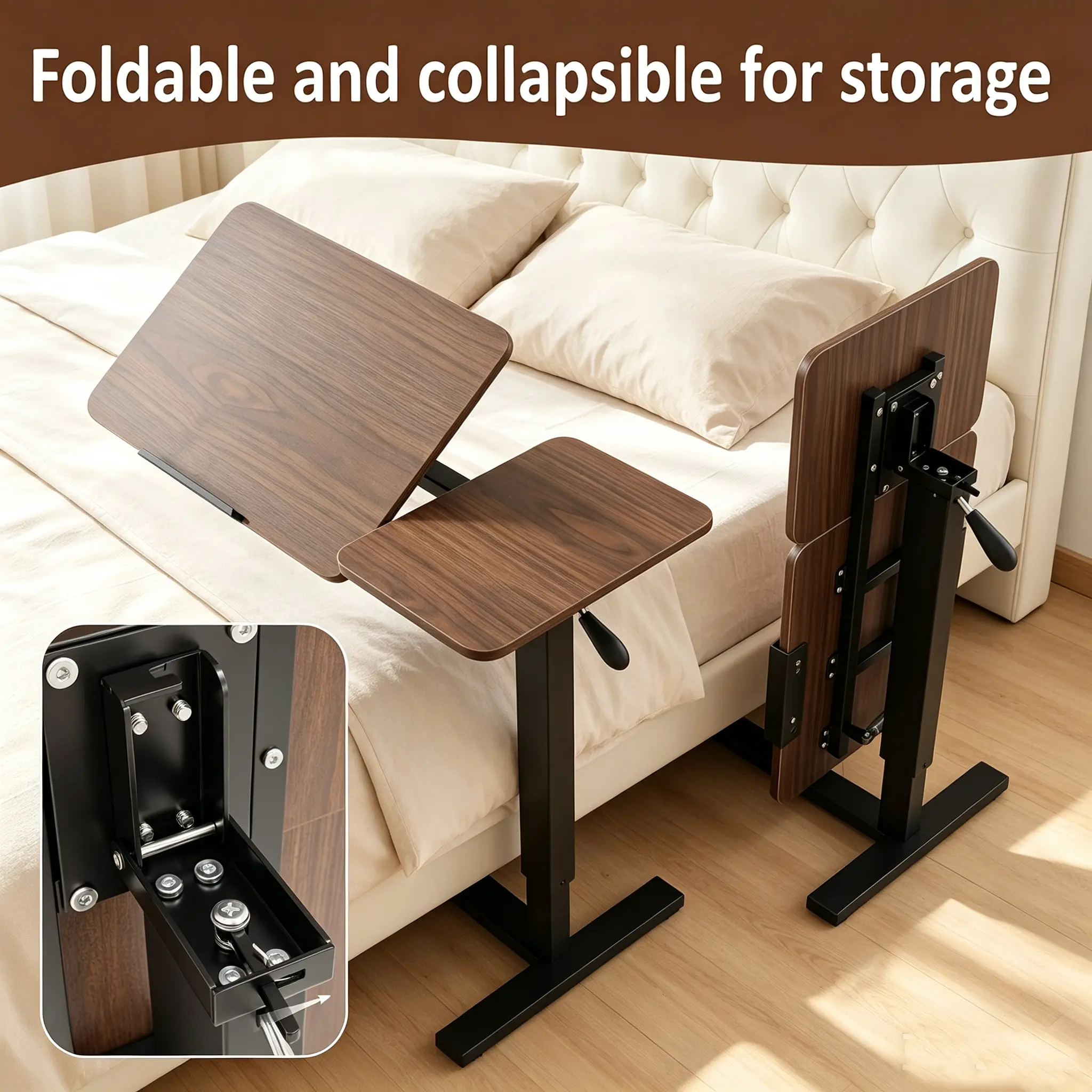 Bedside Table,Folding Overbed Bedside Desk Mobile Rolling Laptop Stand Tilting Overbed Table with Wheels Height Adjustable Tray Table for Laptop Bed Sofa Side Table (WALNUT) coffee vintage