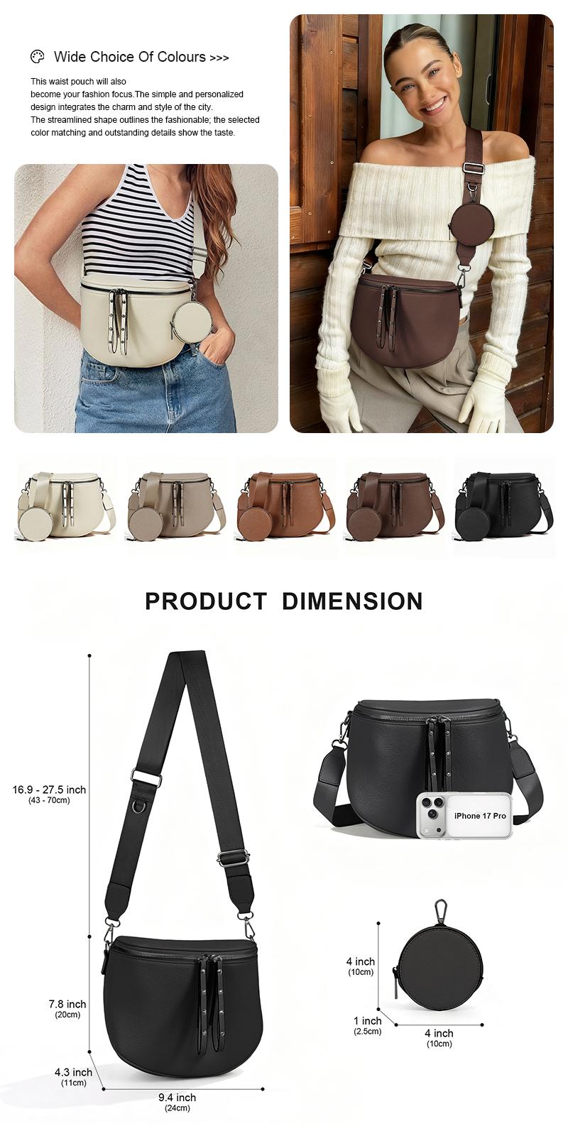 Women's Saddle Crossbody Bag, Genuine Leather Large Capacity Shoulder Bag with Detachable Coin Purse, Waterproof Adjustable Strap, Perfect for Travel, Daily Outings, Shopping – Ideal Birthday/Christmas Gift for Her