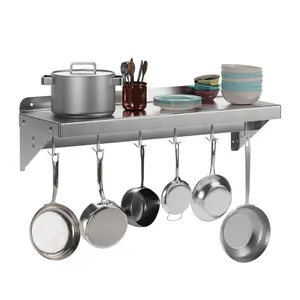 Garvee Stainless Steel Shelf 12x48 Inches, 240 LBS Metal Wall Mount Shelf with 2 Backsplashes and 7 Hooks, Floating & Multi-Functional Design for Kitchen, Bathroom, Restaurant, Laundry