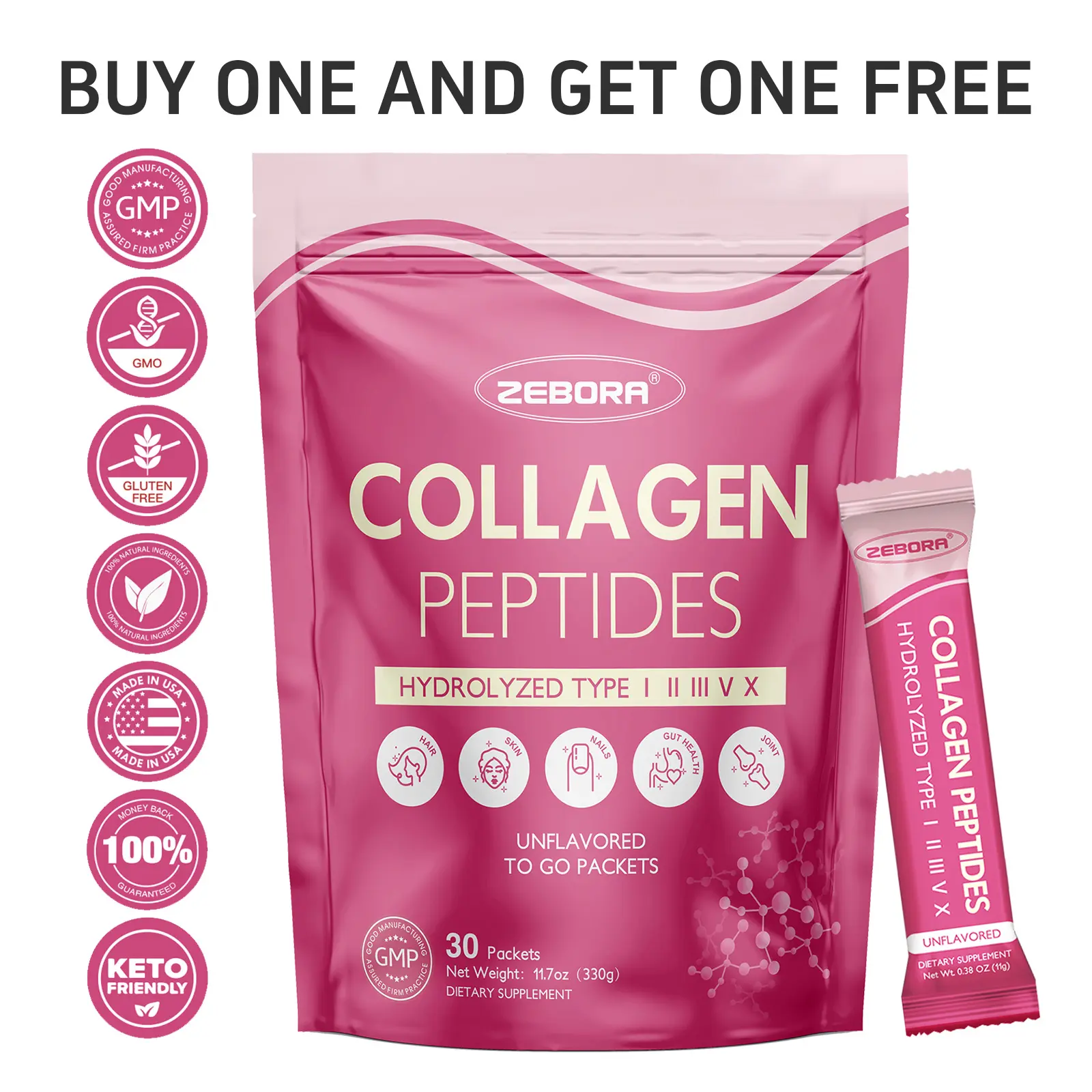 ZEBORA Collagen Peptides Powders - Support Skin Hair Nail Joints & Gut Health - 30 Stick Packs individual packets   Nutrition Healthcare Supplement Skin Colagen  Dietary Fitness