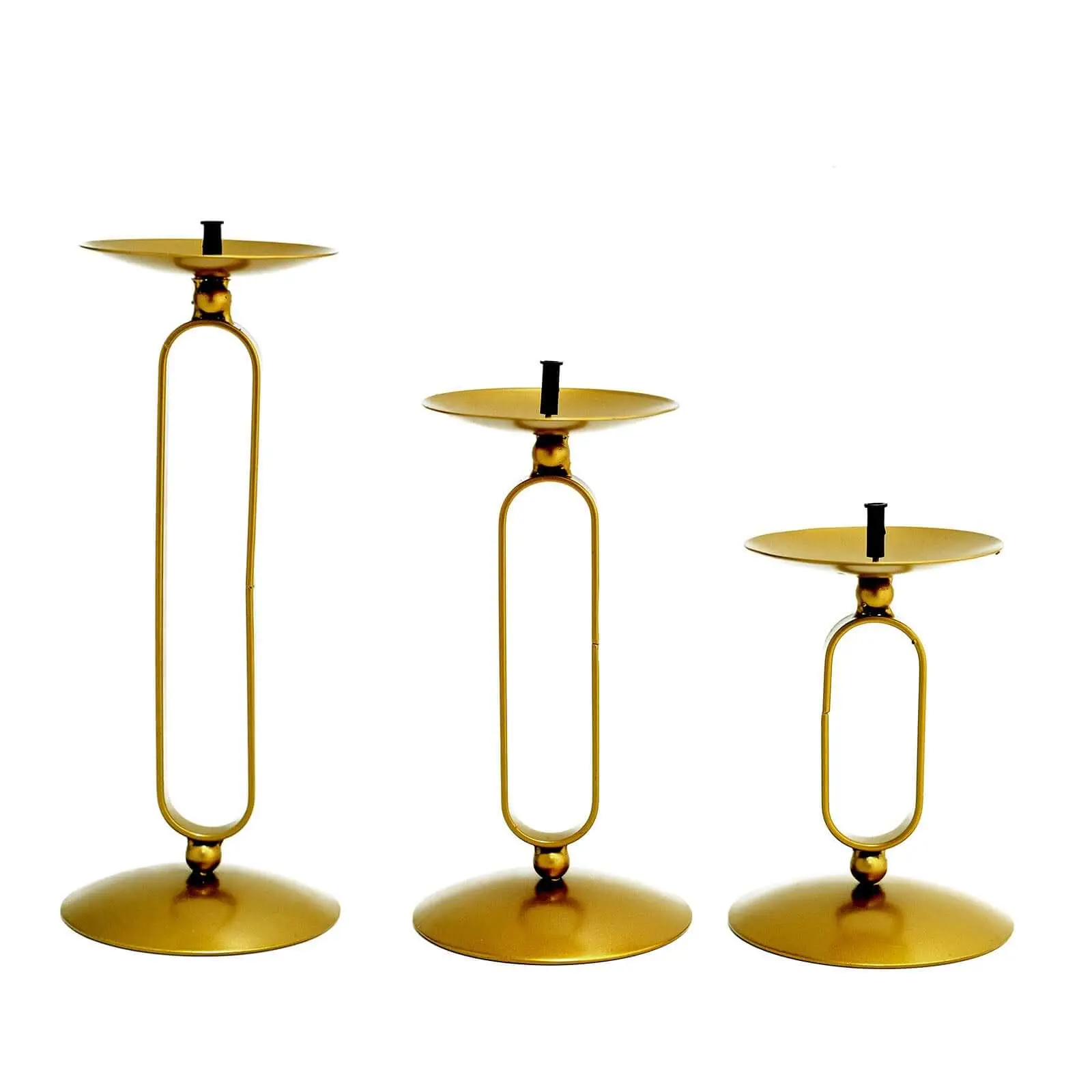 Gold Candlestick Holders - 3-Piece Gold Metal Oval Frame Pedestal Set, Assorted Sizes Geometric Design, Chic Home Supplies for Weddings, Birthday, Table Centerpieces (Home, Office Use)