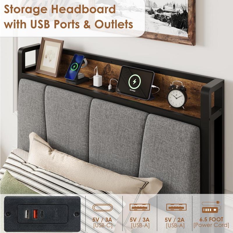 Twin Size Bed Frame with 2 Storage Drawers and Charging Station, Rustic Linen Upholstered Platform Bedframe with Storage Headboard, Heavy Duty, No Box Spring Needed, Easy Assembly, Noise Free