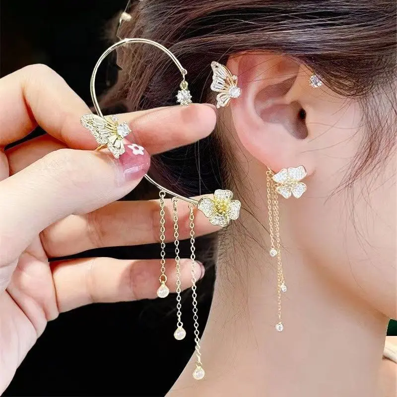 Zircon Butterfly Ear Cuff Earrings for Women No Piercing Butterfly Ear Clip Wrap Around Fake Earrings Ear Wrap Crawler Rhinestone Wrap Earrings Anti Tragus Jewelry gift teen birthday summer